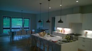 Modern kitchen with waterfall counters